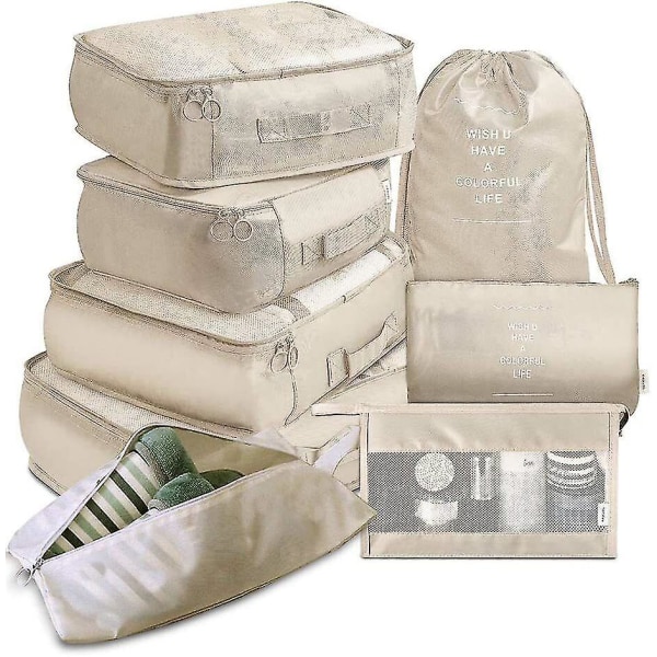 8 stk Organizer Sæt Bagage Kuffert Opbevaringstasker Pakning Rejseterninger Gaver Beige