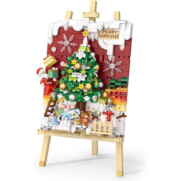 Julbyggstenar Slädevagnsträd,3d-målning Mini julklämblock,kreativa leksaker,barn och vuxna Julseriebyggklossar