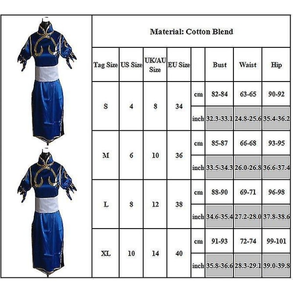 Lady Game Street Fighter Chun-li Cosplay-kostyme Blå Cheongsam med hårtilbehør og midjeantrekk Sett Gaver XL