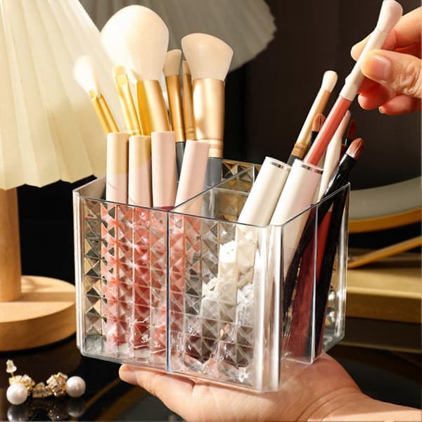 Transparent Akryl Makeupbørste Organizer – Opbevaringsboks med Flere Rum – til Lipgloss & Eyeliner B
