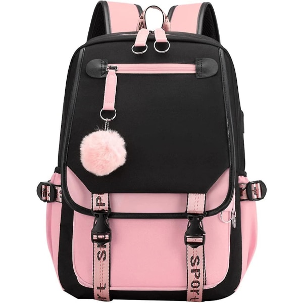Teini-ikäisten tyttöjen reppu yläkoulun opiskelijoiden kirjalaukku ulkokäyttöön, USB latausportilla (musta vaaleanpunainen)