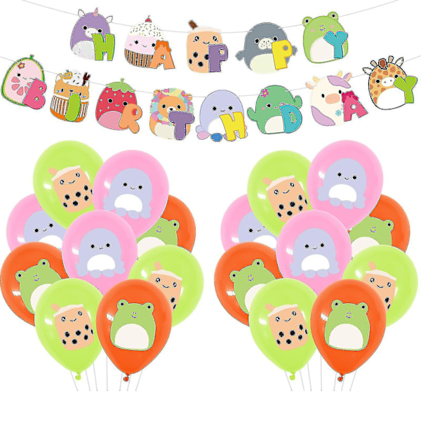 Squish Mallows Fødselsdagsdekorationer, Squish Mallows festartikler inkluderer fødselsdagsbanner, kagetopper, Squish Mallows balloner, festdekorationer S Set 3