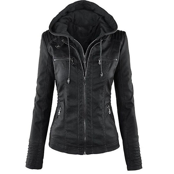 Kvinnor Motorcykel Huva Pu Läder Biker Jacka Kappa Ytterkläder Black M