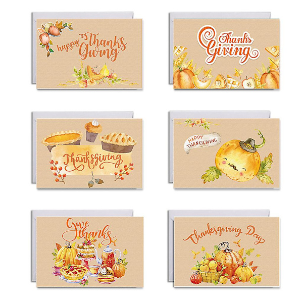 Sæt med 6 Thanksgiving-kort med konvolutklistermærker Græskar lykønskningskort til Happy Thanksgiving Day