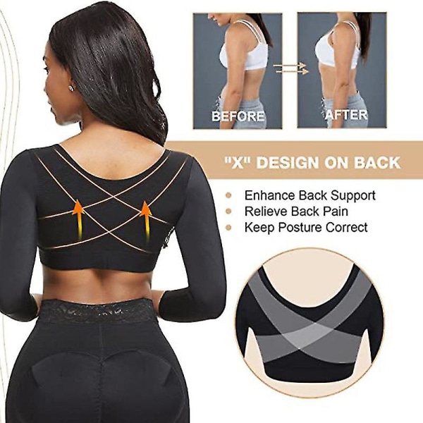 Dame Shapewear 3/4 ærmer Arm Shaper Front lukning Kompression BH Post Surgery Posture Corrector Tank Top (xiatian) BLACK S