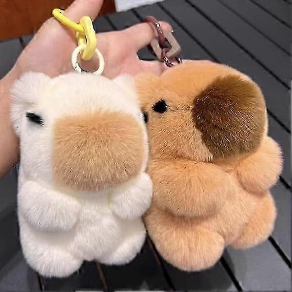 Capybara Nøglering med Dåse, 2024 Håndlavede Bløde Kanin PomPom Charms, Sød Capybara Nøglering Off white