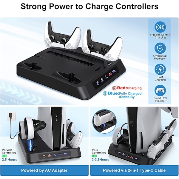 Ps5 Vertikalt Stativ Med Kylstation, Trådlös Controller Laddningsdocka Kompatibel för Ps5 & Ps Vr2 Controllers Med Headset Hållare