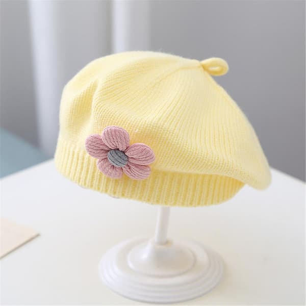 Vinterbereter for barn med blomst, strikket ull, kunstnerhatt, gave Yellow