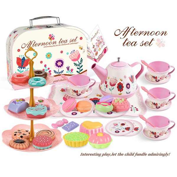 Te-sett for små jenter Lat som lek Tea-party-sett for småbarn Princess Tea Time, Tin-te-kopper for barn, tekanne, plastkaker B One Size