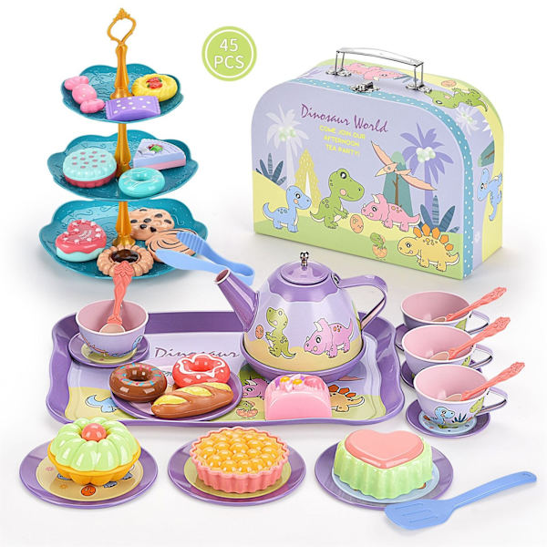 Te-sett for små jenter Lat som lek Tea-party-sett for småbarn Princess Tea Time, Tin-te-kopper for barn, tekanne, plastkaker D One Size