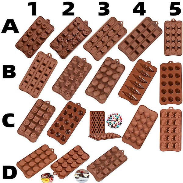 ECELEN Multi-form (tilfældig farve) Diverse silikonechokoladeforme, fødevaregodkendt silikoneform til chokolade, slik, gelé, isterninger. A1 Multi-Style