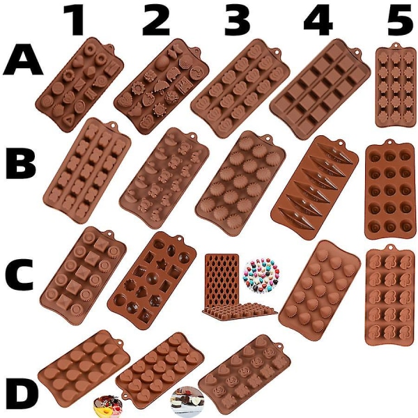 ECELEN Multi-shape (tilfeldig farge) Diverse silikonsjokoladeformer, silikonform av matkvalitet for sjokolade, godteri, gelé, isbit. A1 Multi-Style