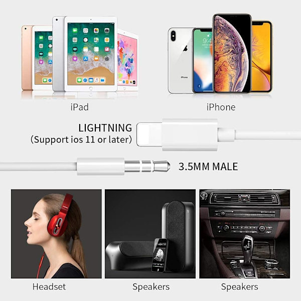 Aux-kabel for i bil 3,5 mm Aux-stereo/hodetelefoner/høyttalerstøtte Alt iOS System-Hvit(1M)
