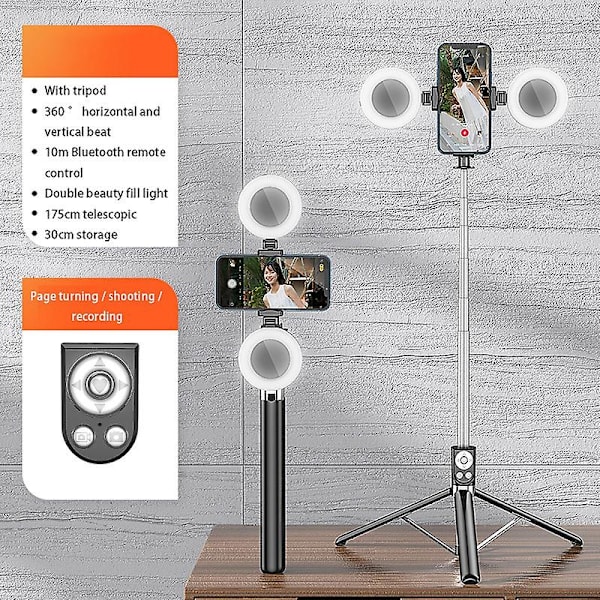 R17ds 1,75 m Bärbar Bluetooth Selfie Stick Infällbar stativ Telefonstativ med dubbla fyllningsljus 360-graders roterande fotografering Livestreaming-enhet