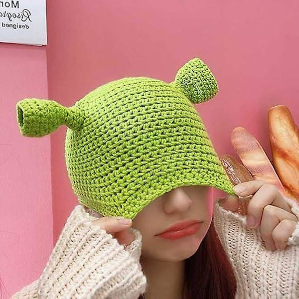Unisex käsinneulotut Shrek-hatut - lämmin ja kestävä käsinneulottu pipo - villainen talvihattu naisille ja miehille - vihreä, vihreä, M