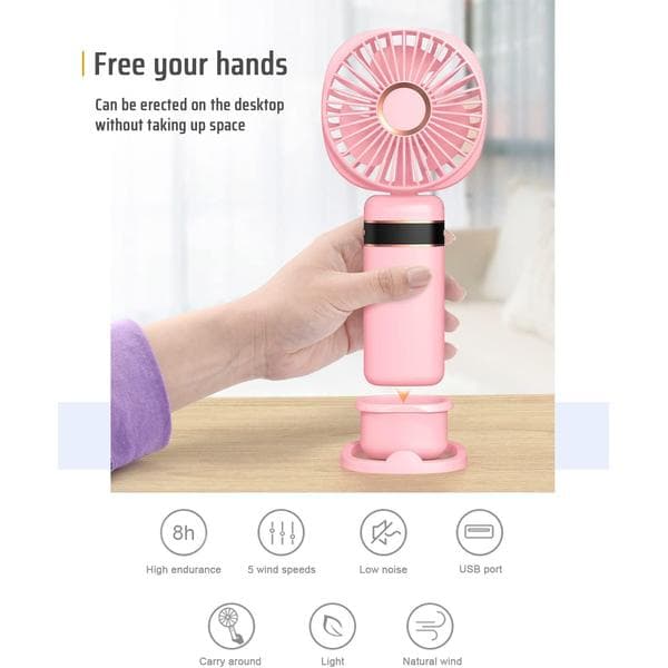 Mini Håndholdt Ventilator, Bærbar USB Håndventilator, Genopladelige Ventilatorer 5 Hastigheder Sammenklappelig Håndventilator med Base Pink