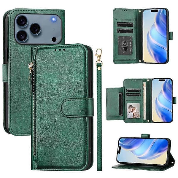Plånboksfodral för iPhone 18 Pro i PU-läder med flik, fullt skydd, kortfack, blixtlåsficka, handledsrem och stativ green