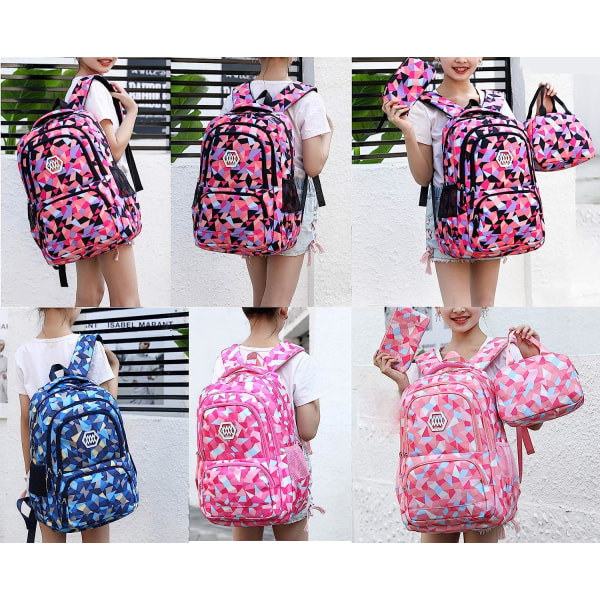 Girl Geometric Printed Primary Junior High University School Bag Bookbag Ryggsekk (blå, 35L) Blue 35 Liters