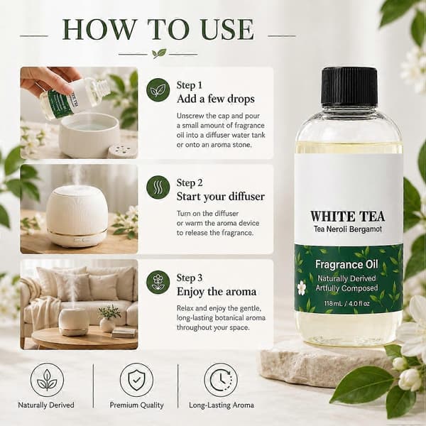 Hvid Te Diffuser Olie 118ml Æterisk Olie til Ultralyds- og Vandfri Diffuser, Luftfrisker & Rumspray Langtidsholdbar med noter af Te 2pcs