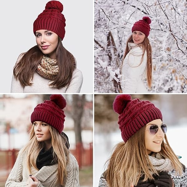 Bobble Hat til Kvinder Vinter Hue Hatte Termisk Fleece Foret Hat Dame Strikket Uld Hatte med Faux Fur Pom Pom Red