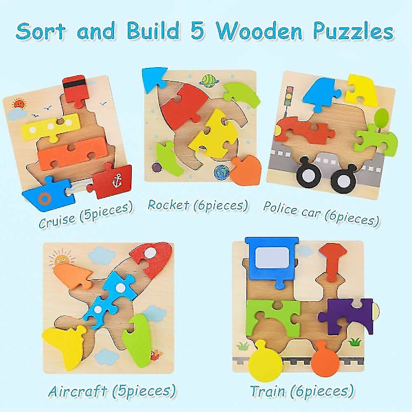 5kpl Lasten 3D Puinen Jigsaw Opettava sarjakuva ajoneuvo lasten pulmalelu