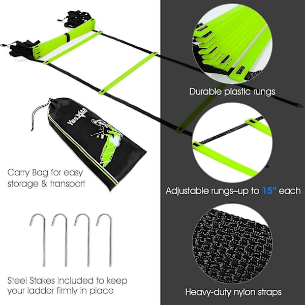 Ultimate Combo Agility Ladder set Speed ​​Agility Tikkaat 12 säädettävää puolta, 12 agilitykartiota ja 4 teräspuikkoa - mukana kantolaukku A  Combo Lime