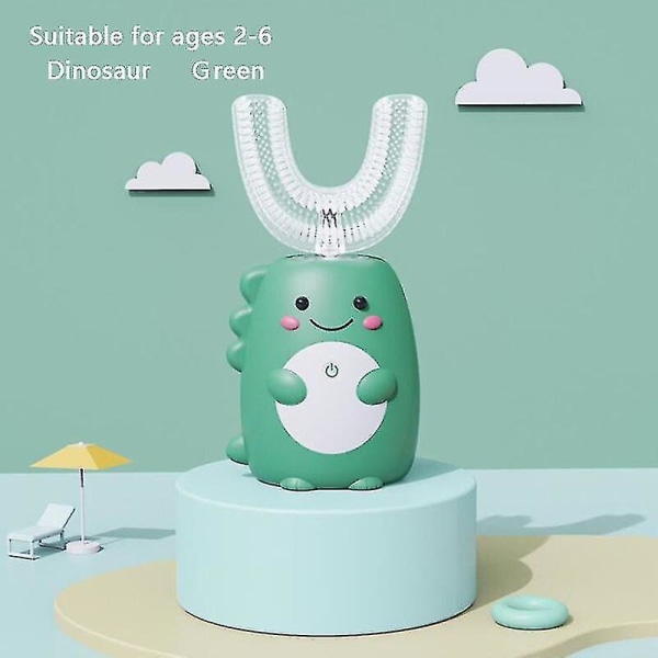 Kid Elektrisk tandbørste Børn Automatisk oral rengøringsanordning Usb-opladning Sonic Cute Dinosaur U-formet tandpleje Green-Basis Ages 2-6