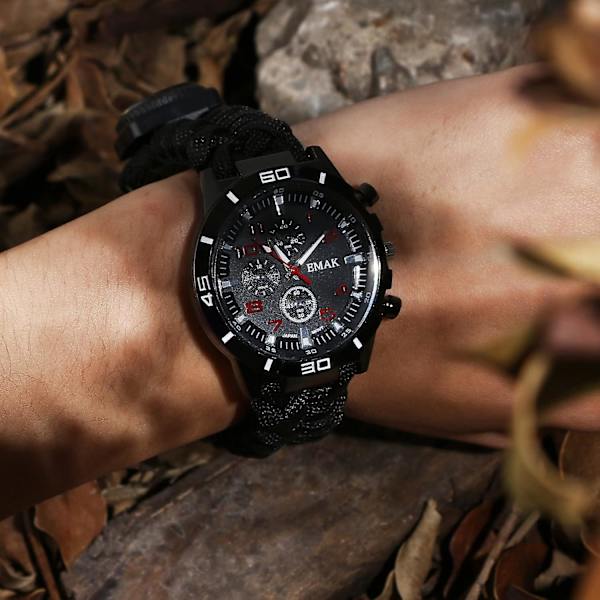 Survival Paracord Emergency Survival Rannekoru, miehet ja naiset, kello/pilli/sytytin/kaavin/kompassi ja lämpömittari, 6 in 1 monitoiminen ulkoinen