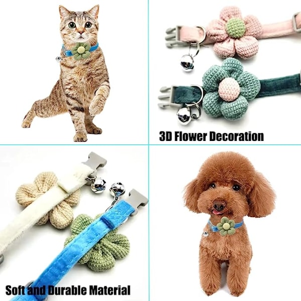 Kattehalsbånd, kattungehalsbånd med blomsterhalsbånd, kattehalsbånd til valpe med klokke, justerbart kattehalsbånd for jenteguttkatter (grønn)