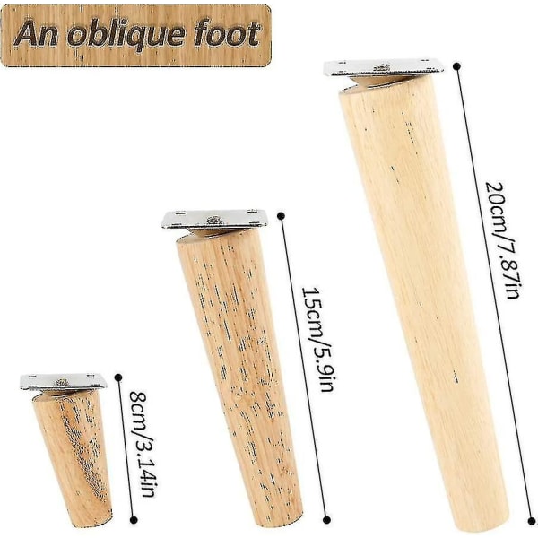 Sæt med 4 møbelben i massivt træ, erstatningssofaben med skridsikker måtte, monteringsplade og skruer til seng, garderobeskab, skuffe (8 cm, vinklet ben)