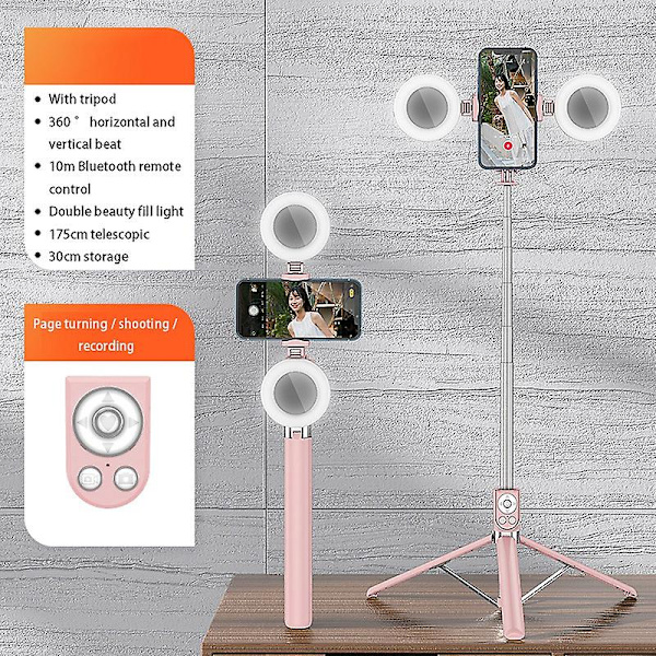 R17ds 1,75 m kannettava Bluetooth Selfie Stick sisäänvedettävä kolmijalkainen puhelinteline, jossa on kaksi täyttövaloa 360 astetta pyörivä suoratoistolaite