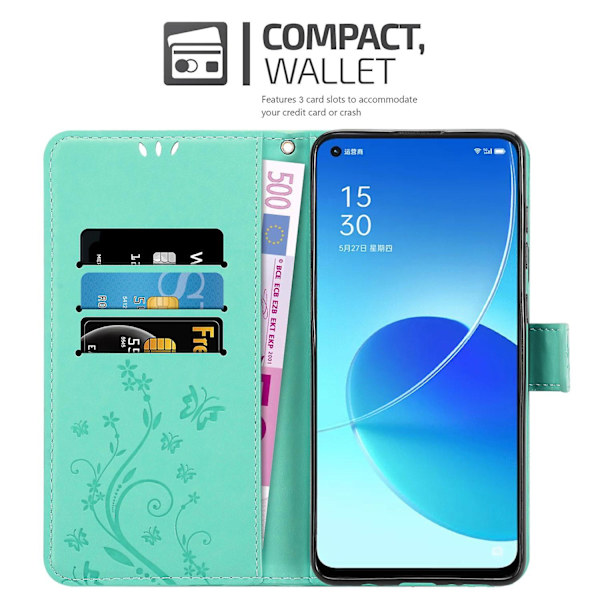 Oppo Reno6 5G Cover Case Case -kuvioinen ja telinetoiminto ja korttipaikka FLORAL TURQUOISE