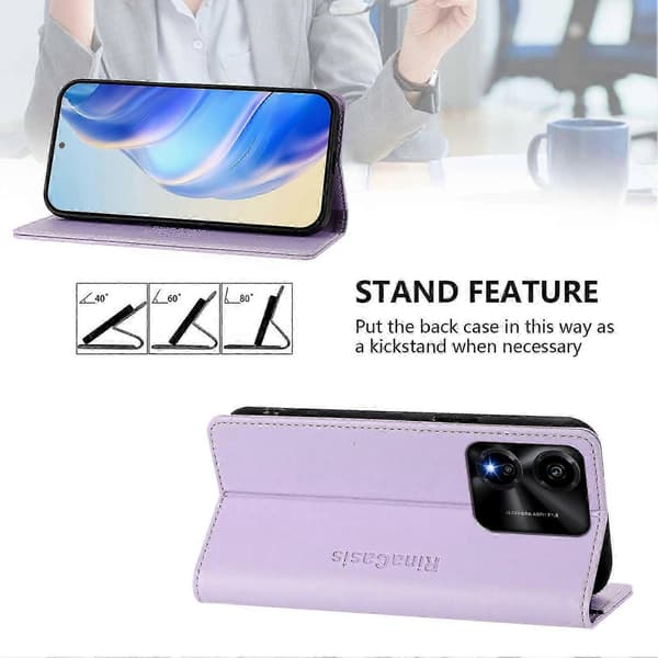 Kompatibelt läderfodral för Honor X5c Plus RINACASIS RC01 mobilskal med RFID-plånboksstativ LightPurple