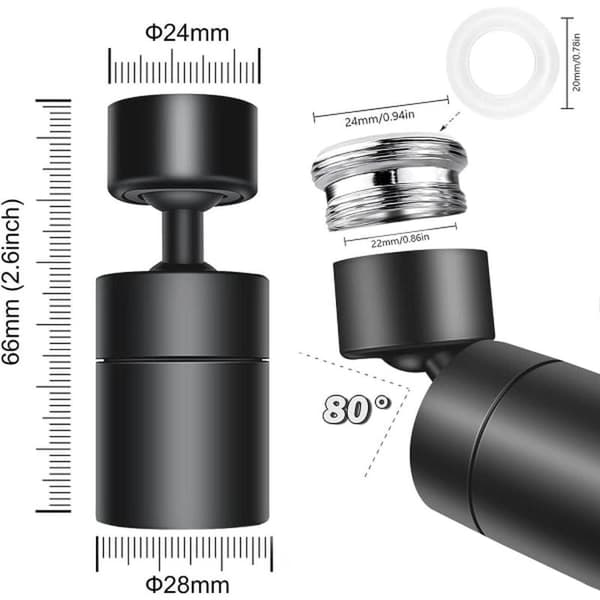 Kranmunstycke, 360° roterbart utlopp Kökskran, svart, 2-delad, sprayfilter Badrumsvask