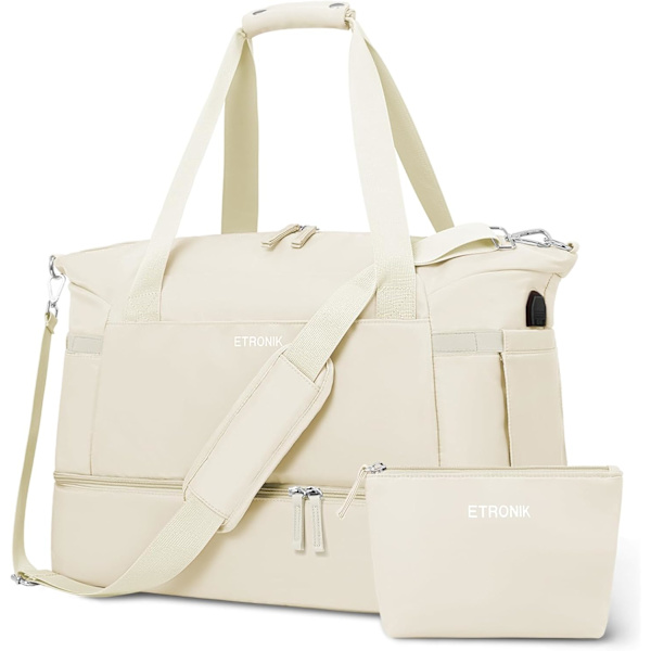Treningsutstyrsvesker egnet for kvinner, USB-ladebokser, sportsvesker med våte vesker i helgene,  reiser, treningssentre, yoga, beige,M