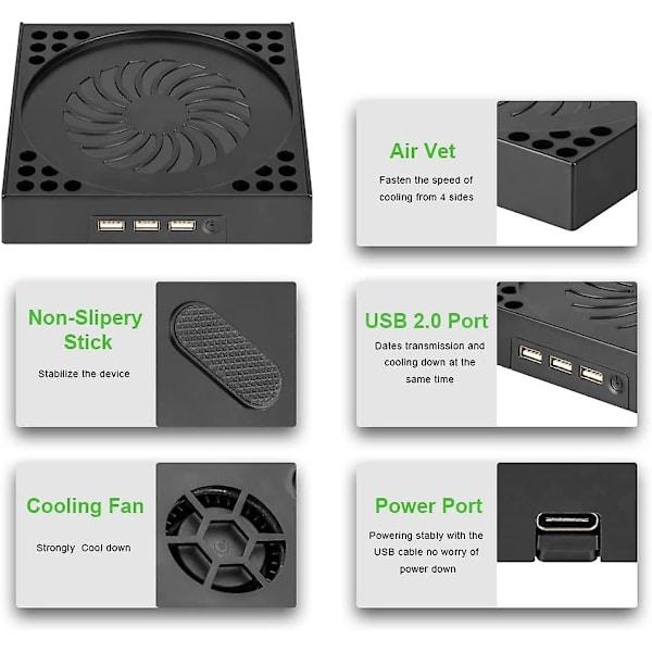Kjølevifte kompatibel med Xbox Series X, Xbox Series X-stativ med 3 USB 2.0-porter, justerbar hastighet