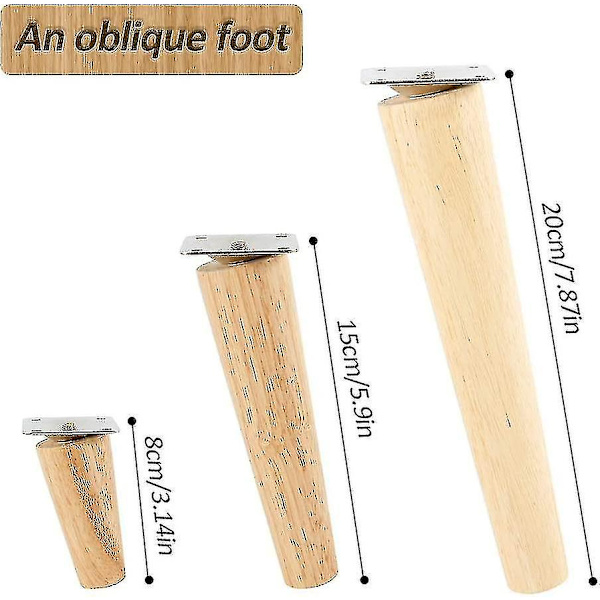 Sæt med 4 møbelben i massivt træ, udskiftnings sofaben med skridsikker måtte, monteringsplade og skruer til seng, garderobe, skuffe (8 cm, vinklede ben)