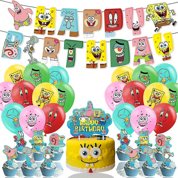 Cartoon Spongebob Birthday Party Supplies - 32 Pcs Birthday Banner Cake Topper Cupcake Topper Balloons For Kid Boys Girls Fans Party Decorations