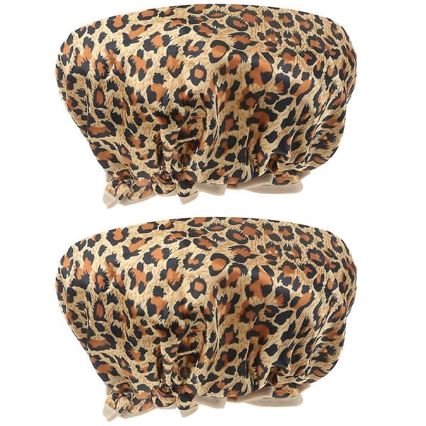 2 st Duschmössor Dubbla Lager Peva Vattentäta Elastiska Badmössor Hårskyddsmössor (Leopardtryck)