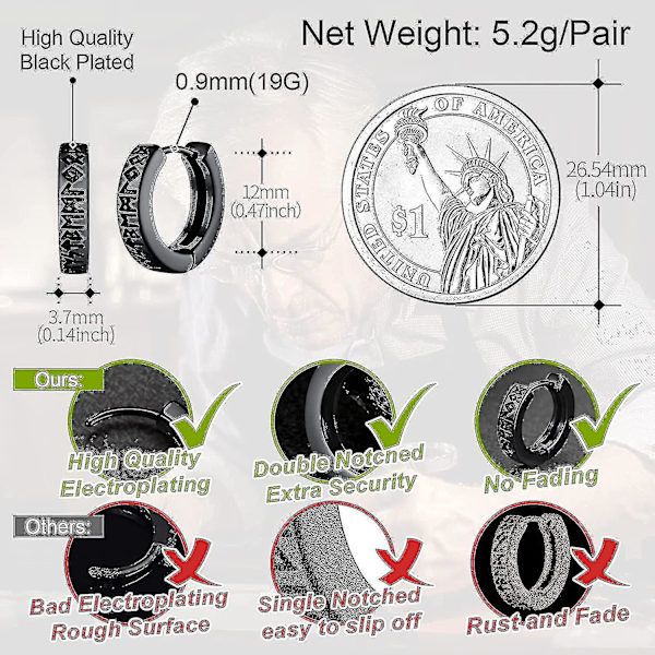 Norse Viking Runes Hoop Øreringe Til Mænd Kvinder 12mm Huggie Hoops Med delikat gaveemballage