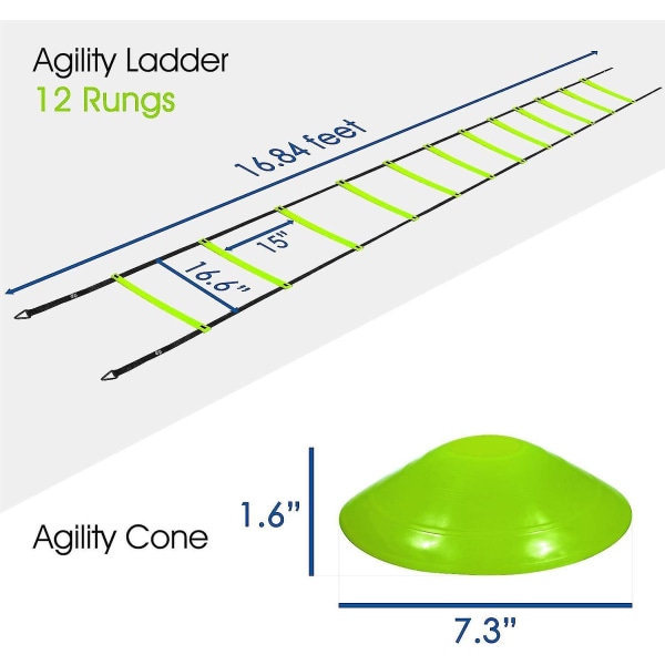 Ultimate Combo Agility Ladder set Speed ​​Agility Tikkaat 12 säädettävää puolta, 12 agilitykartiota ja 4 teräspuikkoa - mukana kantolaukku A  Combo Lime