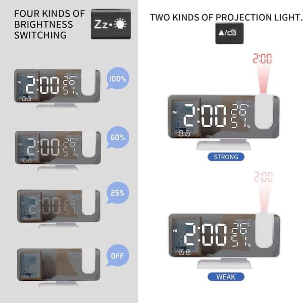 Projector Alarm Clock, Clock Radio with Temperature, Humidity, 7.5 Inch Mirror LED Screen, with Automatic Dimming Function, (White)