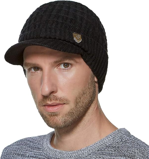 Yixda Vinterhatt för män med Peak Warm Stickad Beanie Cap med Fleecefoder black One Size