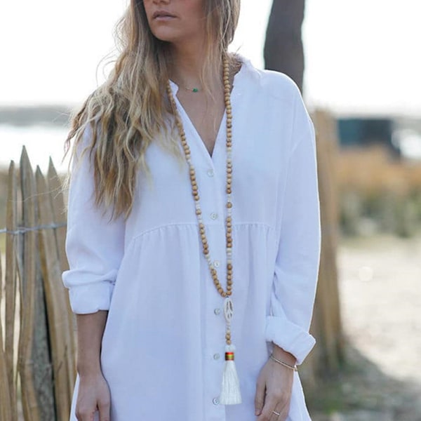Fredshänge halsband för kvinnor, boho-estetisk tofs i trä N2247