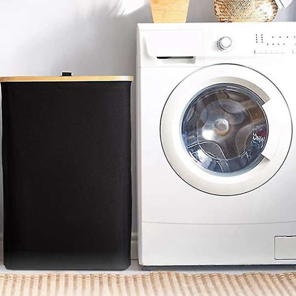 Tvättkorg med lock, svart tvättkorg med avtagbar tvättpåse - Tvättsorterare för bad