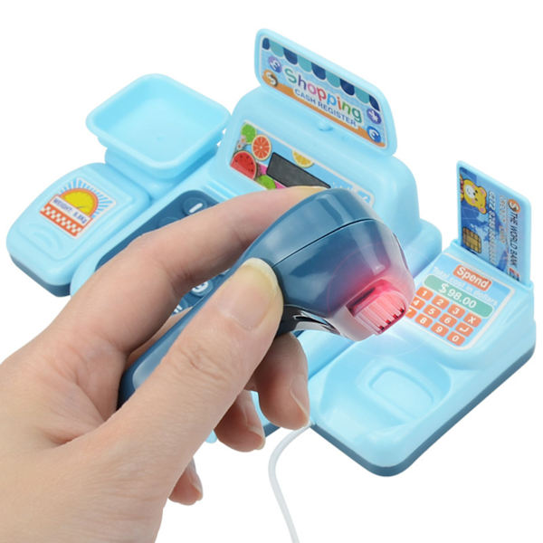 Elektroniska barn låtsas leka husleksaker Simulering Supermarket Cash Game med fungerande skanner Kreditkort set Blue One Size
