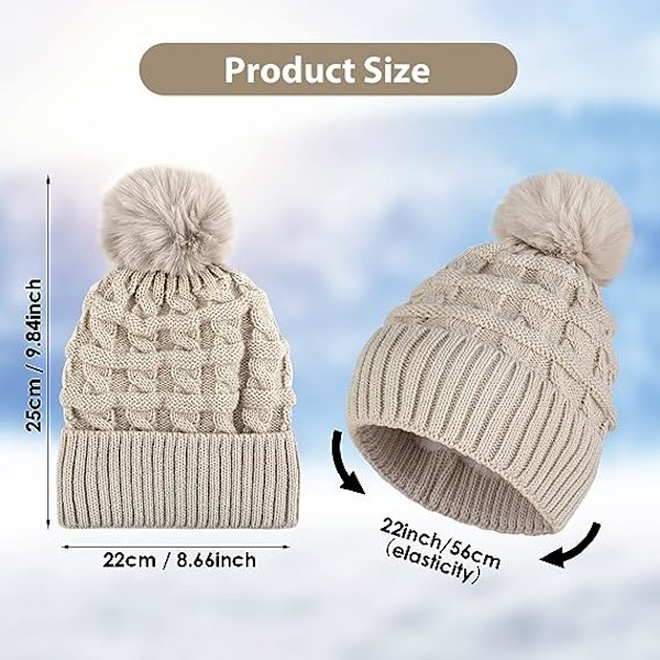 Bobble-hattu naisille Talvipipohatut Thermal fleecevuorattu hattu Naisten neulotut villahatut tekoturkisella Pom Pom Beige