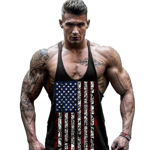 American Flag Print för män ärmlös linne Gym sportväst Black XL