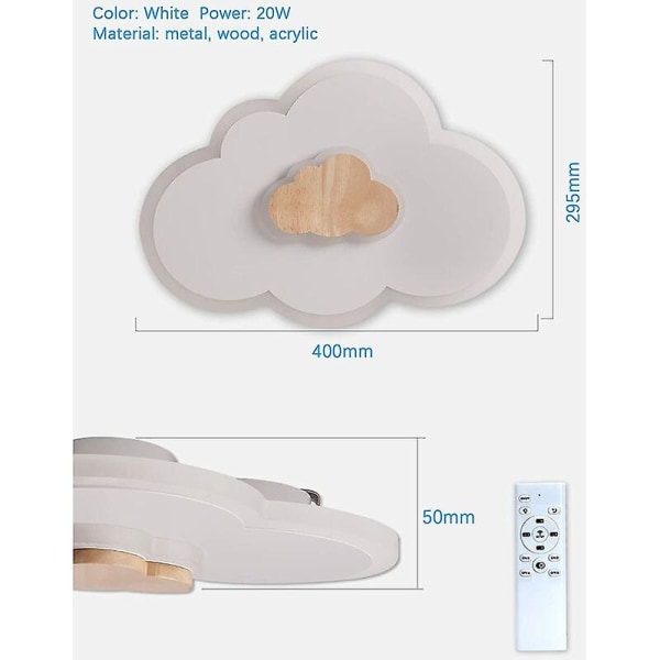 Led-taklampa, 40cm Cloud Led-taklampa, 20w Med dimbar fjärrkontroll 3000k - 6000k, Moderna vita led-taklampor för barnrum, B