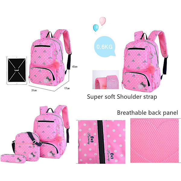 Ryggsäck Set Print 3 i 1 Bowknot Primary School Bag Travel Daypack Skolväska Kit Ryggsäck för elever (lila)